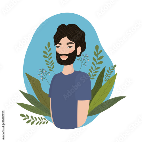 Cute man cartoon with leaves drawing vector design