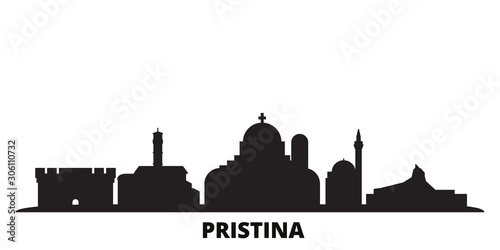 Kosovo, Pristina city skyline isolated vector illustration. Kosovo, Pristina travel cityscape with landmarks