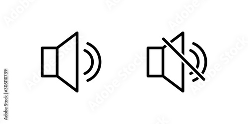 Loudspeaker sound switch. Noise level allowance. Turn on and off icon. Standard label for user mannual. Isolated lined vector pictogram.