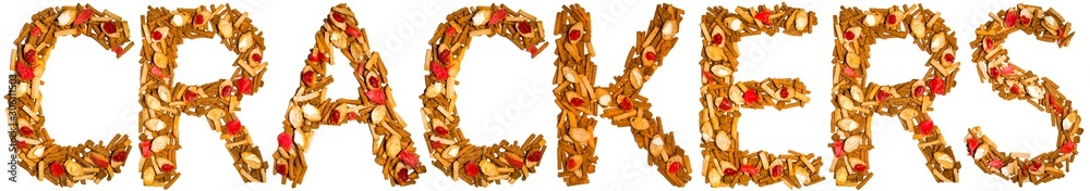 Crackers. The letters of the English alphabet from crispy bread crumbs. Isolated. Concept for design.
