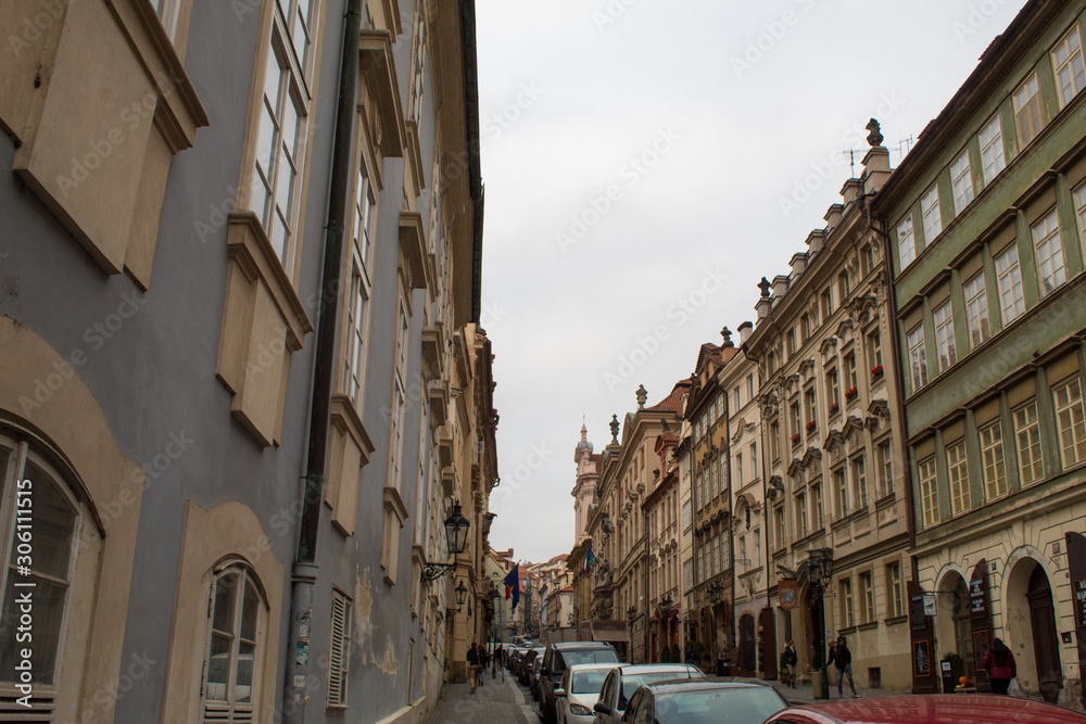 Cityscape of architecture and ancient streets of the Czech capital of Prague early in the morning before Christmas.