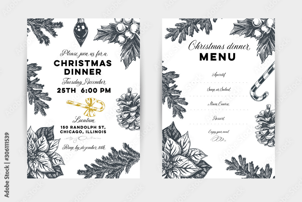 Christmas dinner hand drawn vector invitation and menu template - obrazy, fototapety, plakaty 