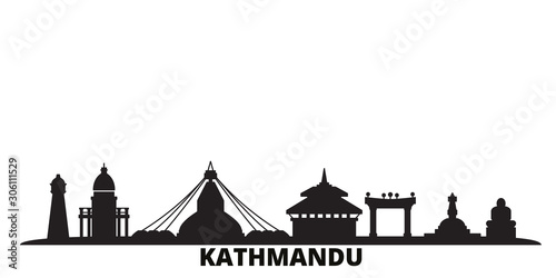 Nepal, Kathmandu city skyline isolated vector illustration. Nepal, Kathmandu travel cityscape with landmarks