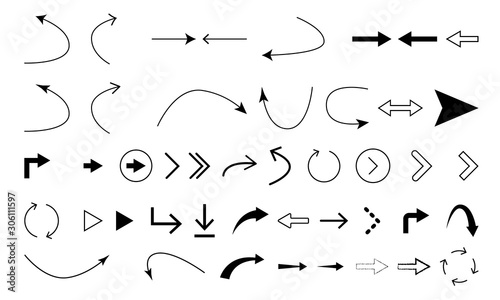 Set of black arrows icon Vector illustration straight curve bend outline thin bold brush icons