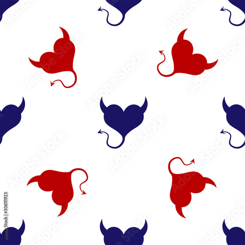 Blue and red Devil heart with horns and a tail icon isolated seamless pattern on white background. Valentines Day symbol. Vector Illustration