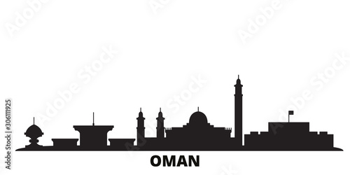 Oman, Muscat city skyline isolated vector illustration. Oman, Muscat travel cityscape with landmarks