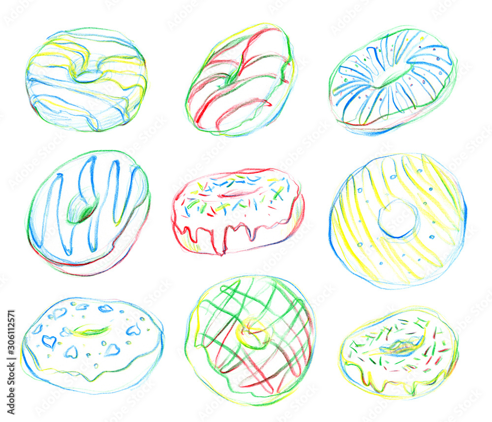 Doughnuts collection, drawn by multicolor pencil. Doughnuts collection, drawn by multicolor pencil.