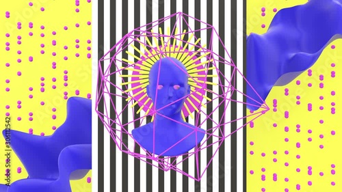 Creative modern artwork with head and moving elements. Loop 3d animation. Bright colors  trendy design. 4k video.