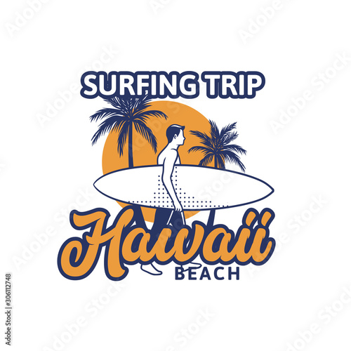 surfing trip hawaii beach. t shirt design illustration for surfer in vintage retro style