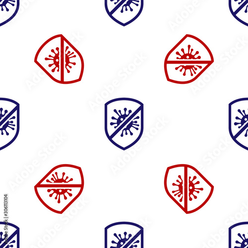 Blue and red Stop virus, bacteria, germs and microbe icon isolated seamless pattern on white background. Antibacterial and antiviral defence, protection infection. Vector Illustration