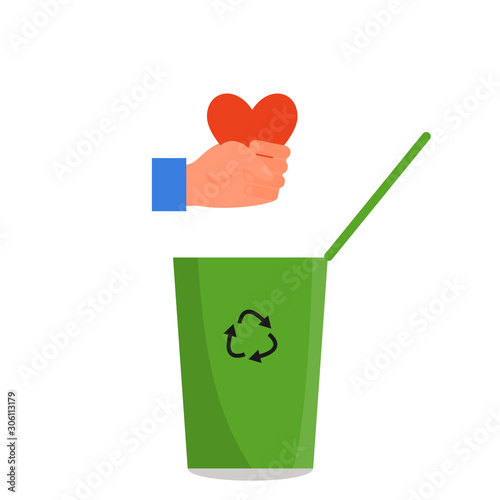 Caucasian human hand holding red heart in fist over the green trash can. Concept of divorse, tough business, cruelty, callousness, lack of empathy. Isolated on white background.