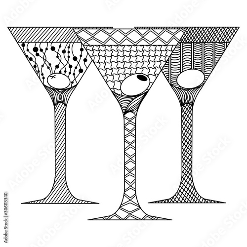 zenart style 3 (three) martini glasses with olive, doodle, zentangle, wall art, printable, black and white