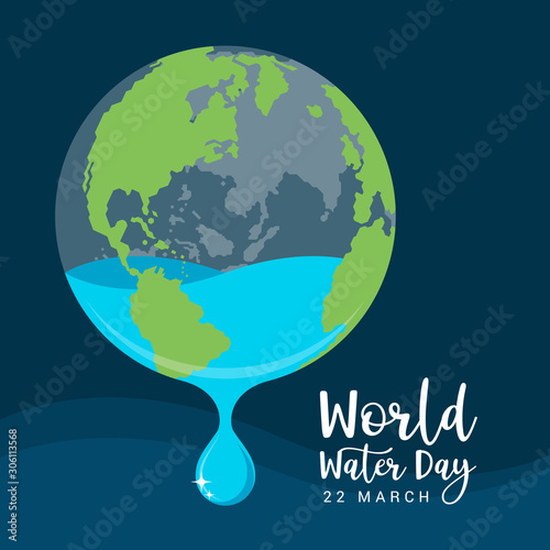 world water day banner with Water droplets flowing out of the earth circle on dark blue background