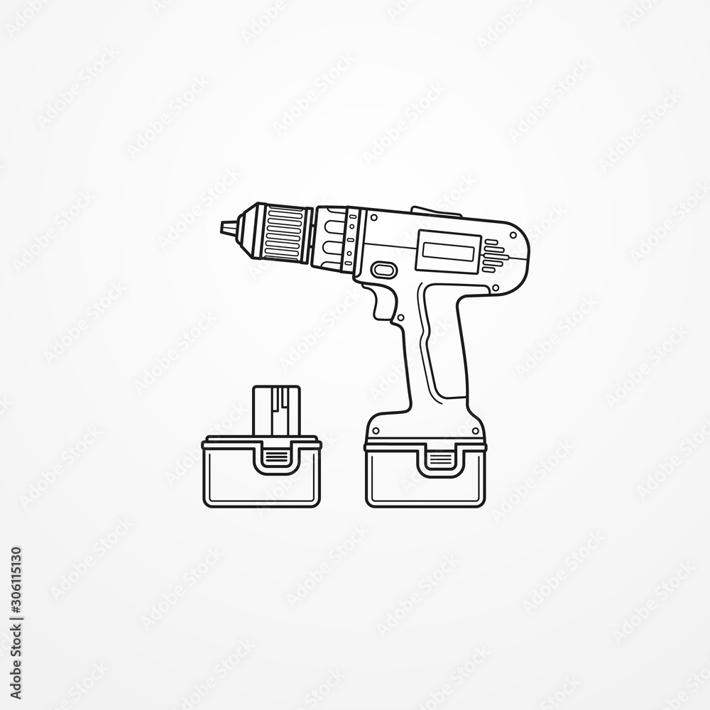 Electric cordless drill with battery outline vector image - obrazy, fototapety, plakaty 