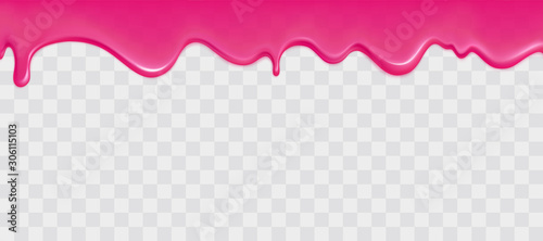 Dripping glossy pink slime isolated on transparent background. Border of flowing sticky sweet goo. Vector template of cream, jelly or caramel glaze for cake or donut.