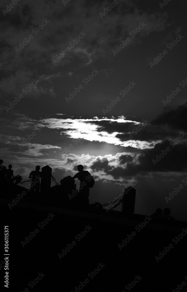 A dark urban scene of dusk. black and white artistic photography with perspective unusual