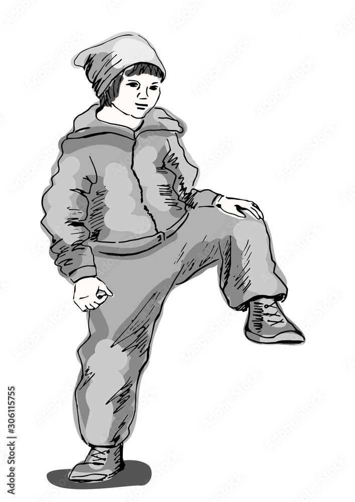 Fototapeta premium Teenager boy dressed in street fashion style. Hand drawn sketch. Vector illustration, isolated on white.