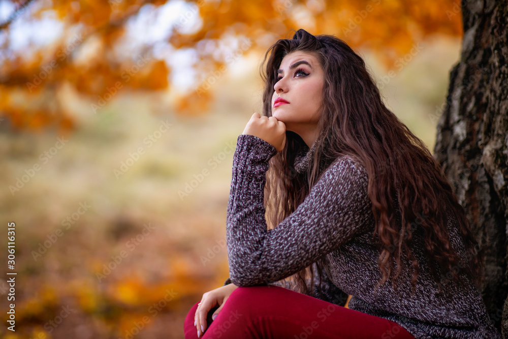Portrait of a beautiful hispanic young woman in an autumnal forest Portrait of a beautiful hispanic young woman in an autumnal forest