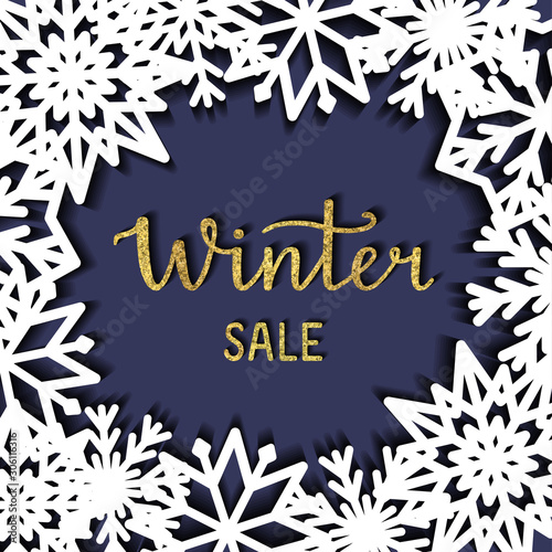 Winter sale banner. Vector illustration. Ink freehand calligraphy. Winter lettering design. Winter Sale card. Christmas sale. New Year card. Golden texture. Snowflakes