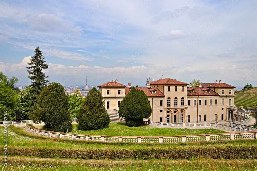 External view of the Villa della Regina in Turin, Piedmont, Italy, with a view over the city center and the Mole Antonelliana