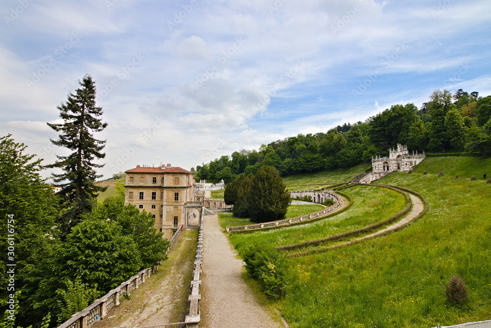 External view of the Villa della Regina in Turin, Piedmont, Italy, with a view over the city center and the Mole Antonelliana External view of the Villa della Regina in Turin, Piedmont, Italy, with a view over the city center and the Mole Antonelliana