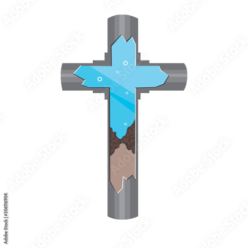 A clogged or blockage in the pipe and problems with the plumbing on a white background, vector stock illustration with water in a metal or plastic linepipe in section and air bubbles