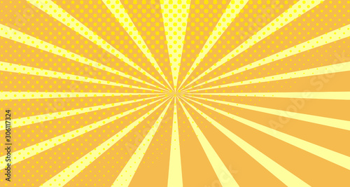 Vintage colorful comic book background. Orange blank bubbles of different shapes. Rays, radial, halftone, dotted effects. For sale banner empty Place for text 1960s. Copy space vector eps10.