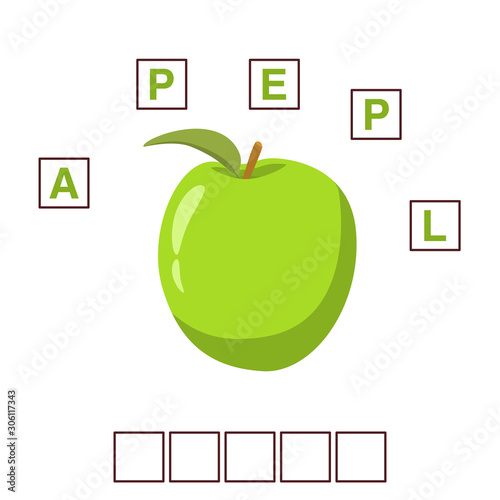 Game words puzzle ripe green apple fruit.Education developing child.Riddle for preschool.Flat illustration cartoon character vector.
