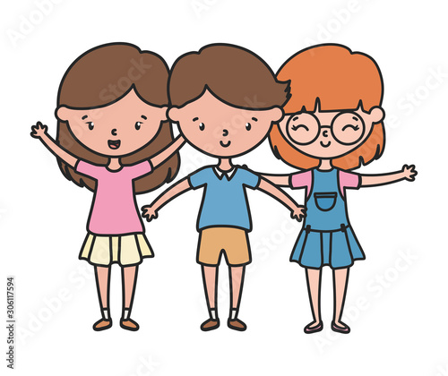 happy little boy and girls cartoon hands up