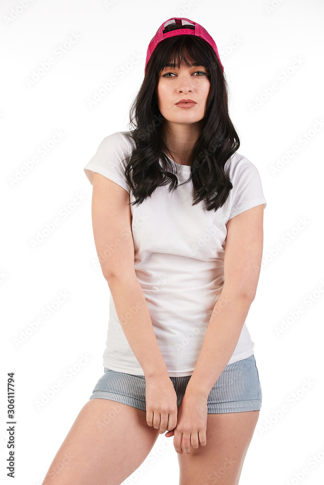Blank t-shirt mock-up - Beautiful retro sports fashion girl ready for your design Blank t-shirt mock-up - Beautiful retro sports fashion girl ready for your design