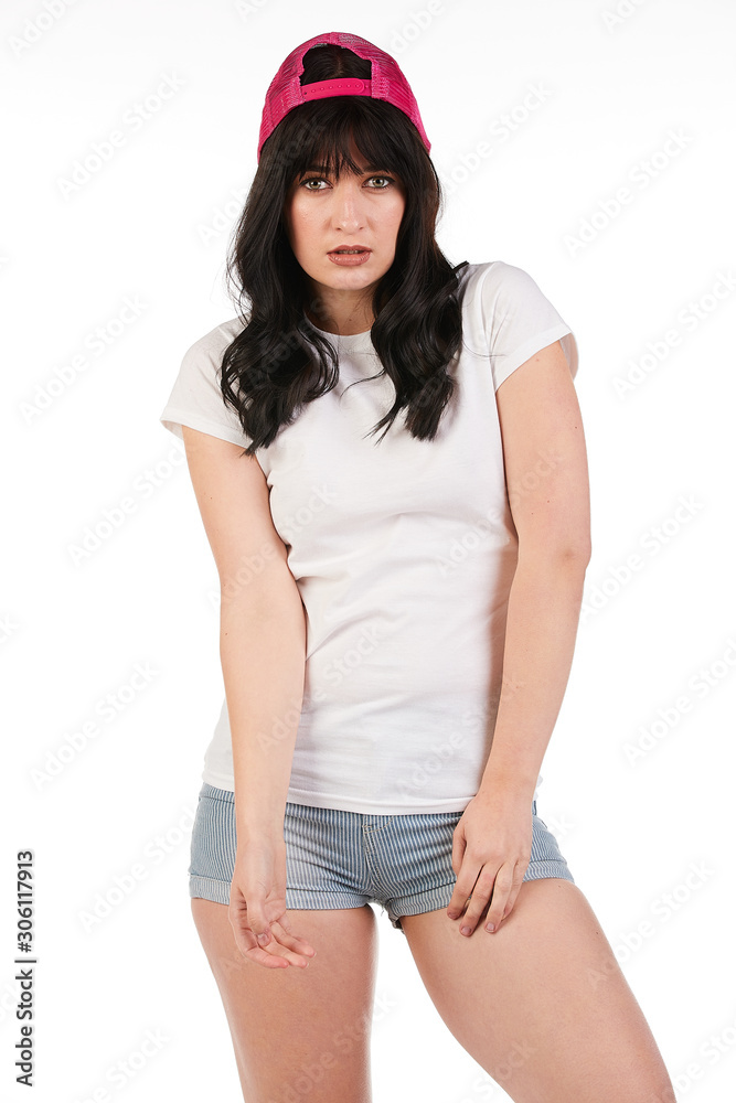 Blank t-shirt mock-up - Beautiful retro sports fashion girl ready for your design Blank t-shirt mock-up - Beautiful retro sports fashion girl ready for your design