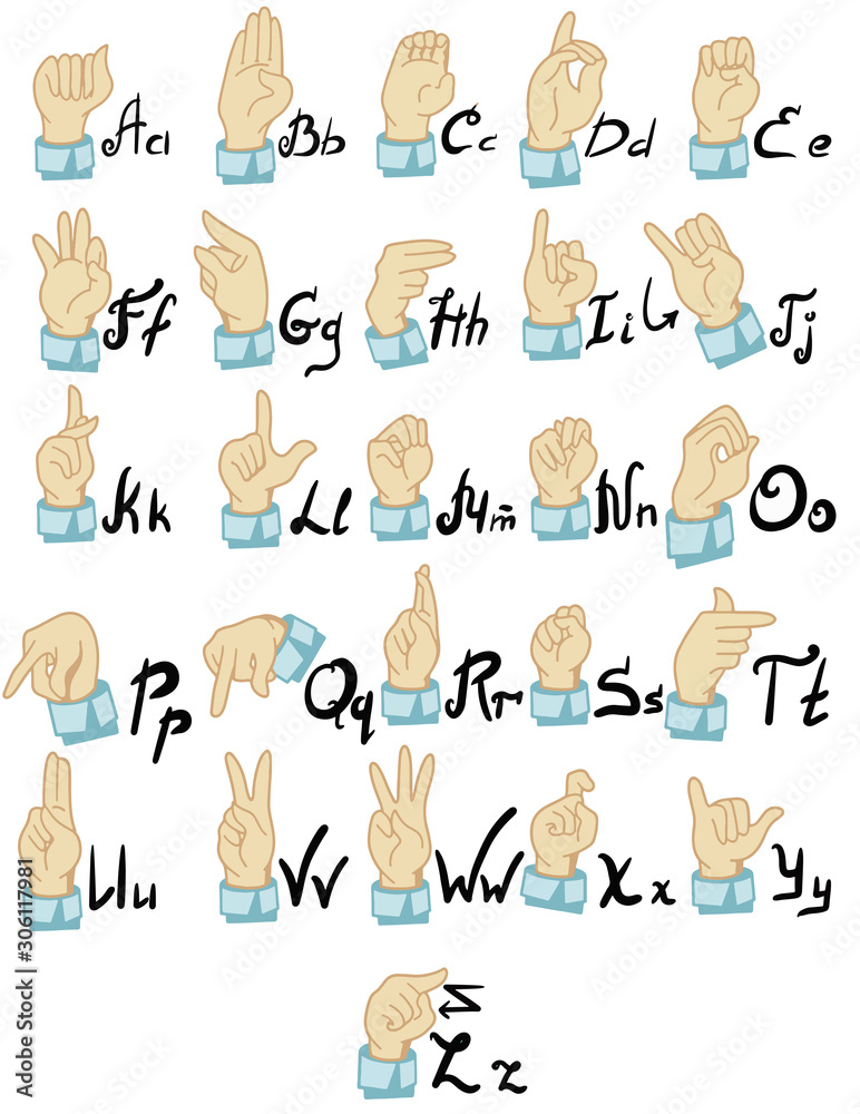 Vector deafmute alphabet with hand gestures set. Hand drawn mute