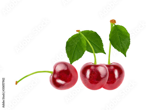 Cherry with leaf green isolated on white background with clipping path