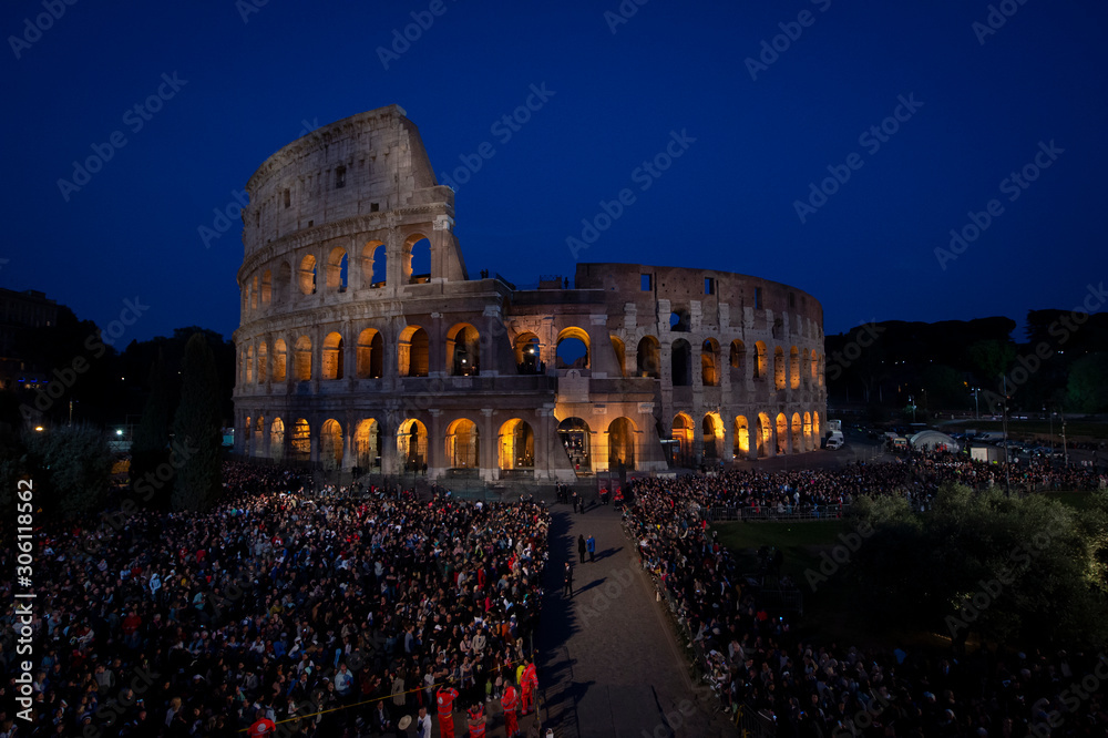 Rome - Italy, April 19, 2019: Pope Francis leads the Via Crucis (Way of the Cross) torchlight procession at the Colosseum on Good Friday..