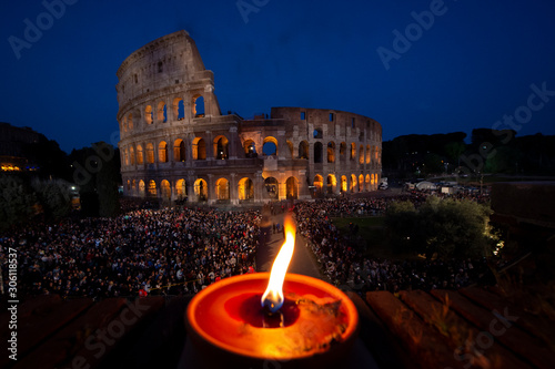 Rome - Italy, April 19, 2019: Pope Francis leads the Via Crucis (Way of the Cross) torchlight procession at the Colosseum on Good Friday..