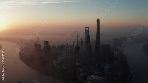 4k video Dolly out shot Shanghai skyline in sunrise morning time