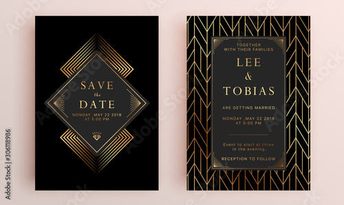 Beautiful set of wedding card templates. Gold collection of geometrical polyhedron, art deco style for wedding invitation, luxury templates, decorative patterns.