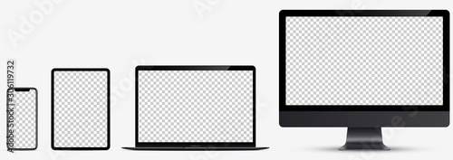 Device screen mockup. Smartphone, tablet, laptop and monoblock monitor, with blank screen for you design. Vector EPS10 photo