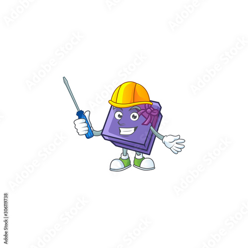 Cool automotive purple gift box presented in cartoon character style