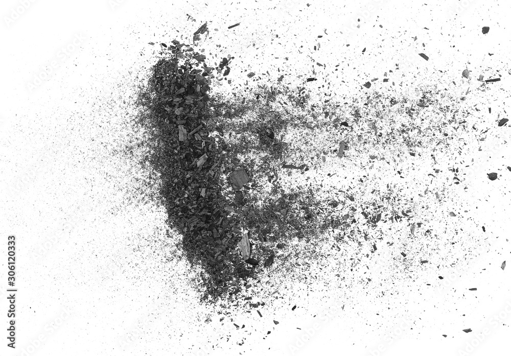 Black charcoal dust explosion, gunpowder isolated on white background and texture, top view
