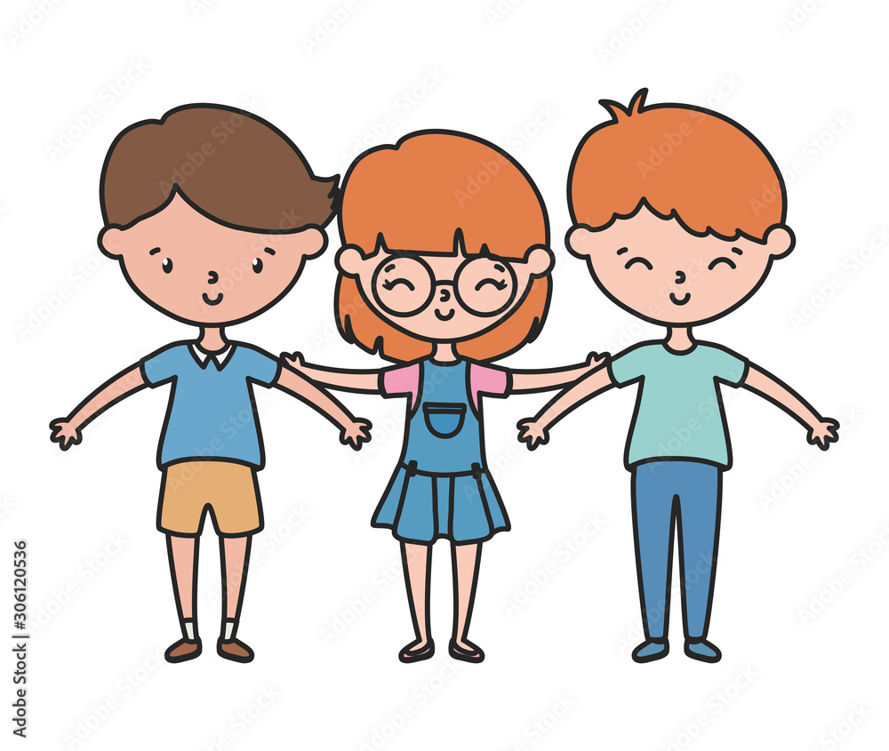 happy little boy and girls cartoon hands up