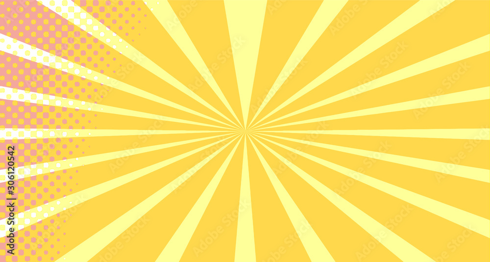 Vintage colorful comic book background. Orange blank bubbles of different shapes. Rays, radial, halftone, dotted effects. For sale banner empty Place for text 1960s. Copy space vector eps10.