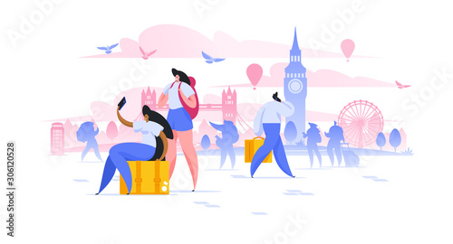 London sightseeing holiday flat vector illustration girlfriends tourist with backpacks