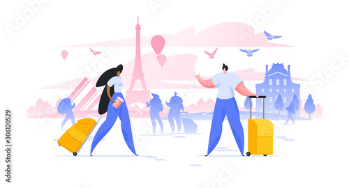 Sightseeing holiday in Paris flat vector illustration man and woman with suitcases in European city