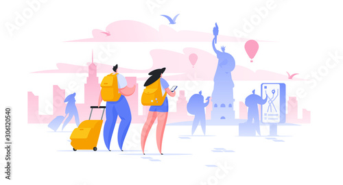 Sightseeing holiday in New York flat vector illustration male and female tourists taking photo