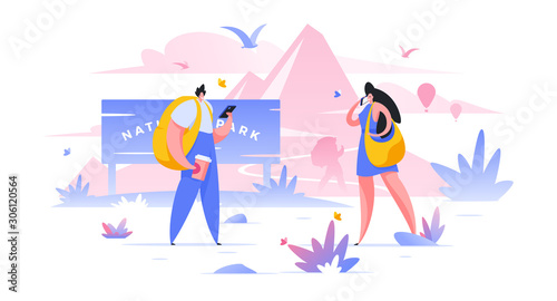 Tourists in national park flat vector illustration weekend on nature.