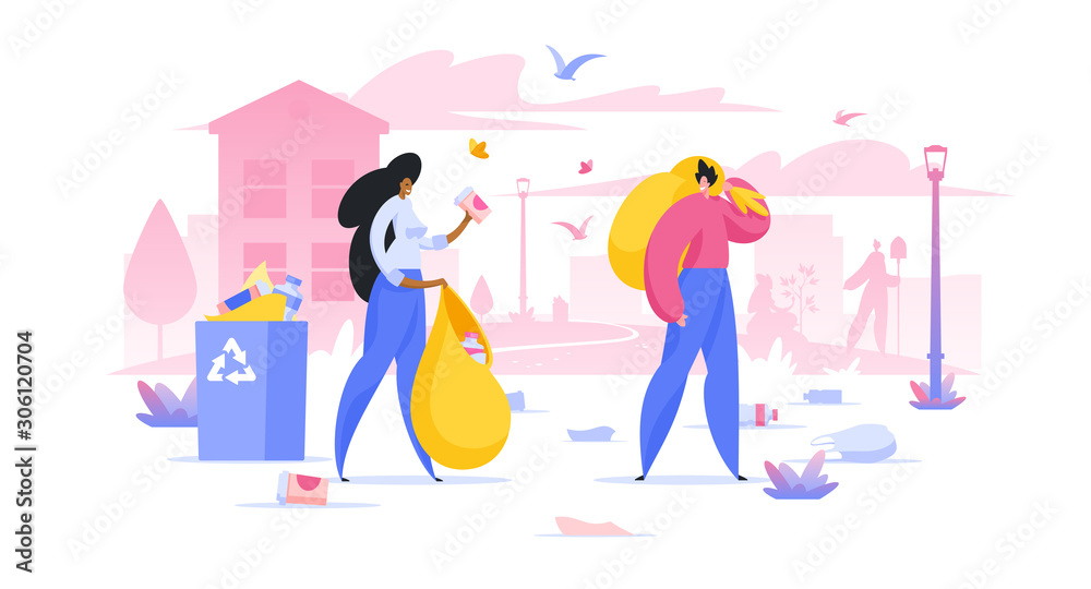 Volunteers collecting trash in city flat vector illustration
