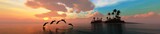 Playing dolphins at sunset, sea sunrise panorama. 3d rendering
