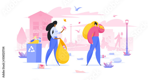 Volunteers collecting trash in city flat vector illustration