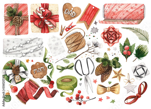 Christmas watercolor elements on a white background. Wrap gifts with ribbons, paper, scissors, cones, stars, hearts, spruce branches, boxes.